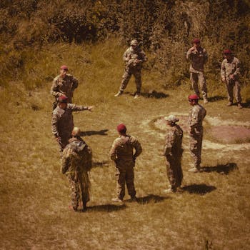Aerial view of soldiers in camouflage uniforms during a training session in Campo de Mayo, Argentina.