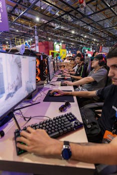 Gamers immersed in action at a vibrant eSports event, showcasing teamwork and technology.