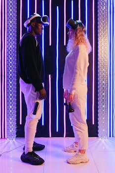 Two people enjoying virtual reality gaming in a vibrant neon-lit room. Immersive tech vibes.